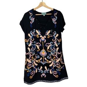 Skies are Blue Black & Pastel Floral Short Sleeve Mini Shift Dress M